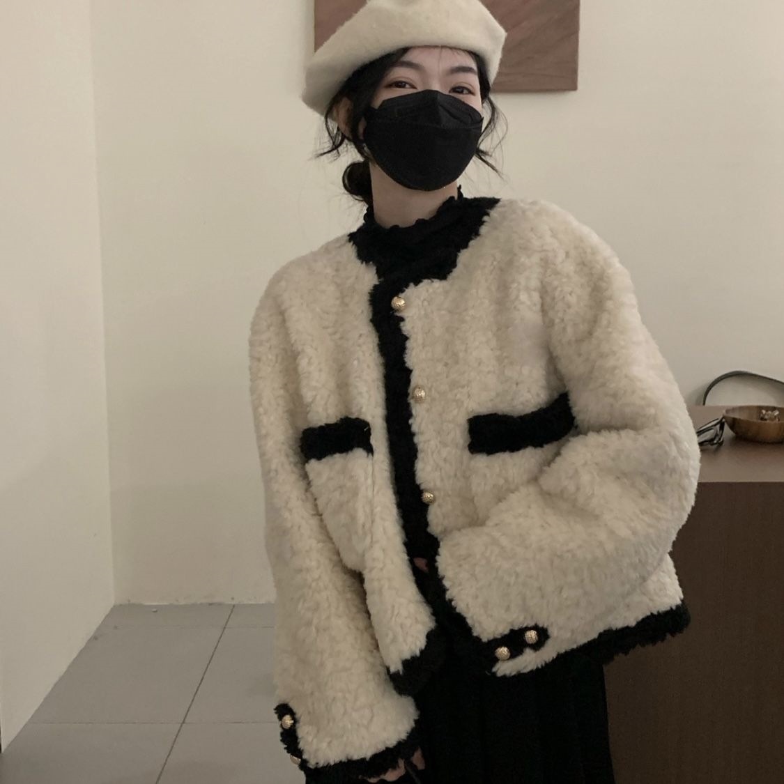 新款小香风外套女仿皮草羊羔毛大衣秋冬季加厚韩式小个子大衣棉服