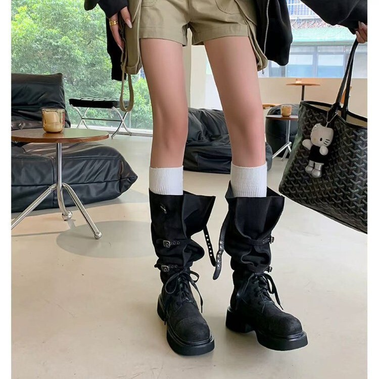 羊皮版~复古废土风磨砂皮欧美骑士靴女设计感圆头走秀百搭长靴子|undefined