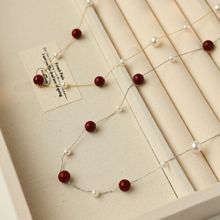 链子925纯银 复古酒红色珍珠满天星项链百搭撞色设计感轻奢锁骨链