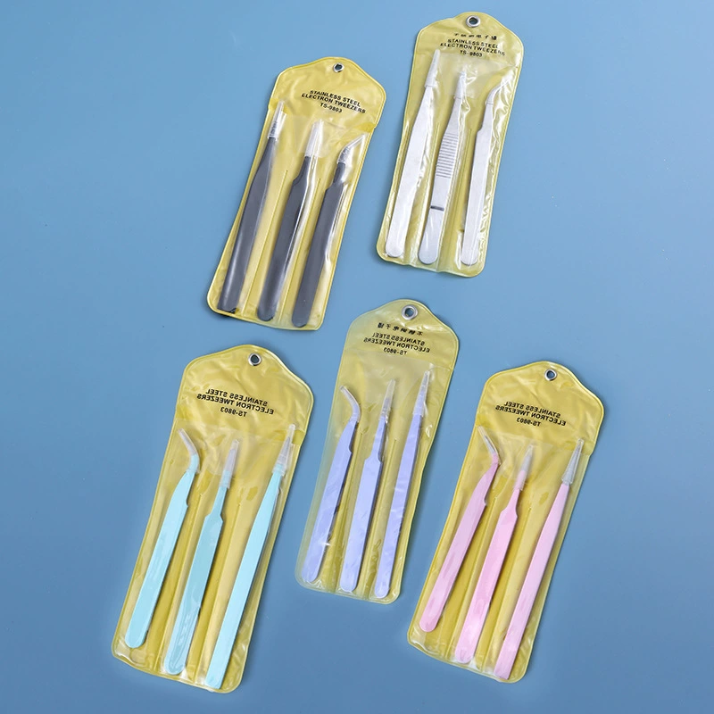 Электронный Пинцет из нержавеющей стали, прямой цветной пинцет с круглым локтем, модель пинцета, три предмета