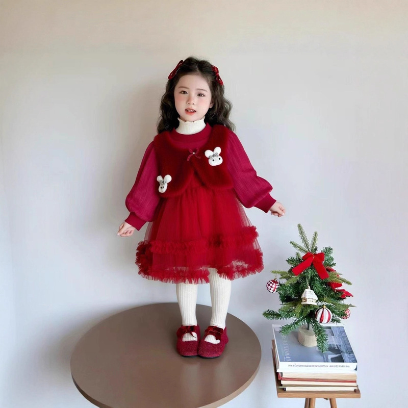 2025 Girls Birthday Dress One Year Old Little Girl Fashionable Dress Children's Skirt Plus Velvet Christmas Dress 2025 Girls Birthday Dress One Year Old Little Girl Fashionable Dress Children's Skirt Plus Velvet Christmas Dress
