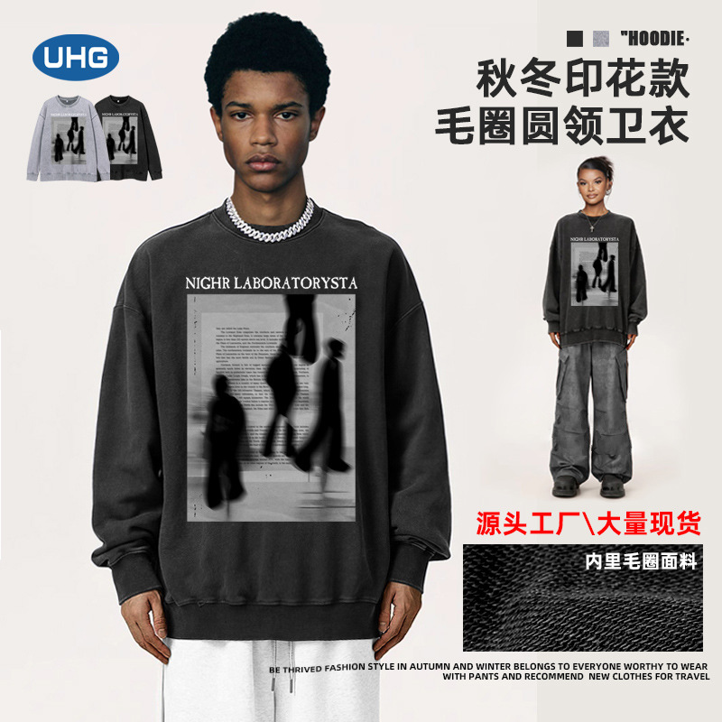 American Retro Autumn/Winter New Long-Sleeve Washed Distressed Print Couple's Jacket 400g Ribbed Crew Neck Streetwear Sweatshirt