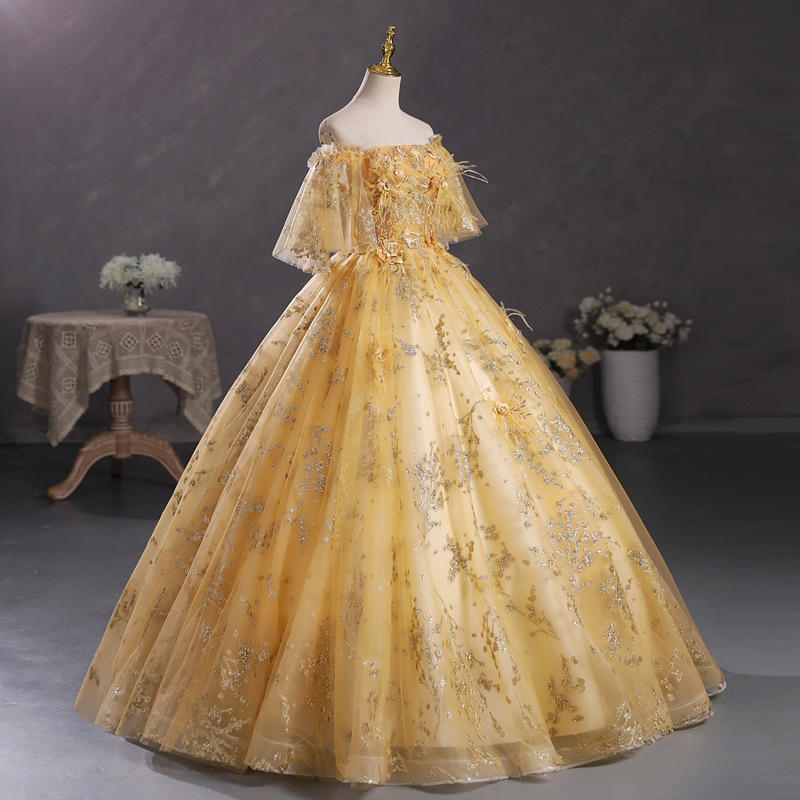 Nuevo vestido de noche de las mujeres fuera del hombro champán oro solo pettiskirt estudiante de arte examen rendimiento vestido de la reunión anual del anfitrión vestido