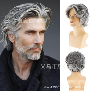 Hot New Product European and American Men's Hair Gray and White Mixed Color Short Curly Hair Business Style Medium Parted Fluffy Men's Short Hair Gray and White Gradient