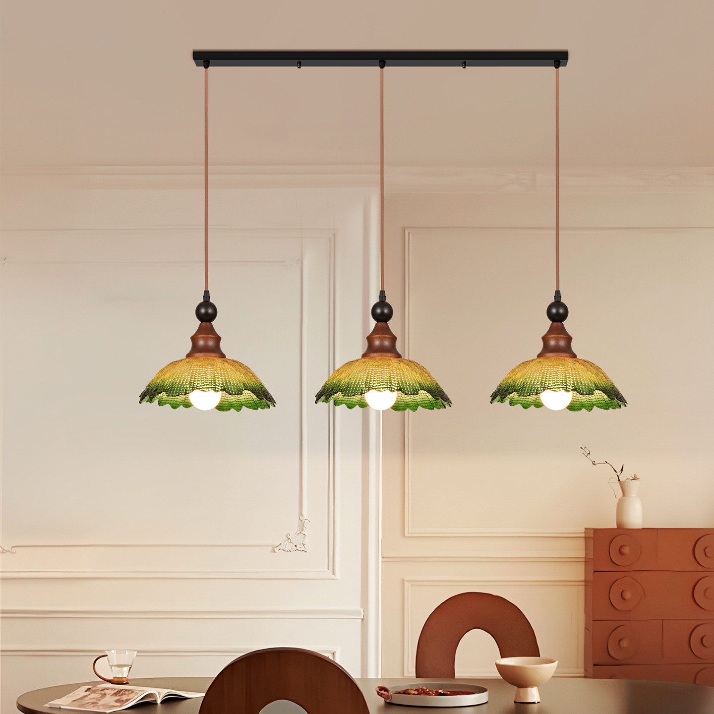 Landelier de comedor de vidrio retro mesa de comedor iluminación de bar decoración medieval madera sólida tres cabezas lámpara de comedor L271