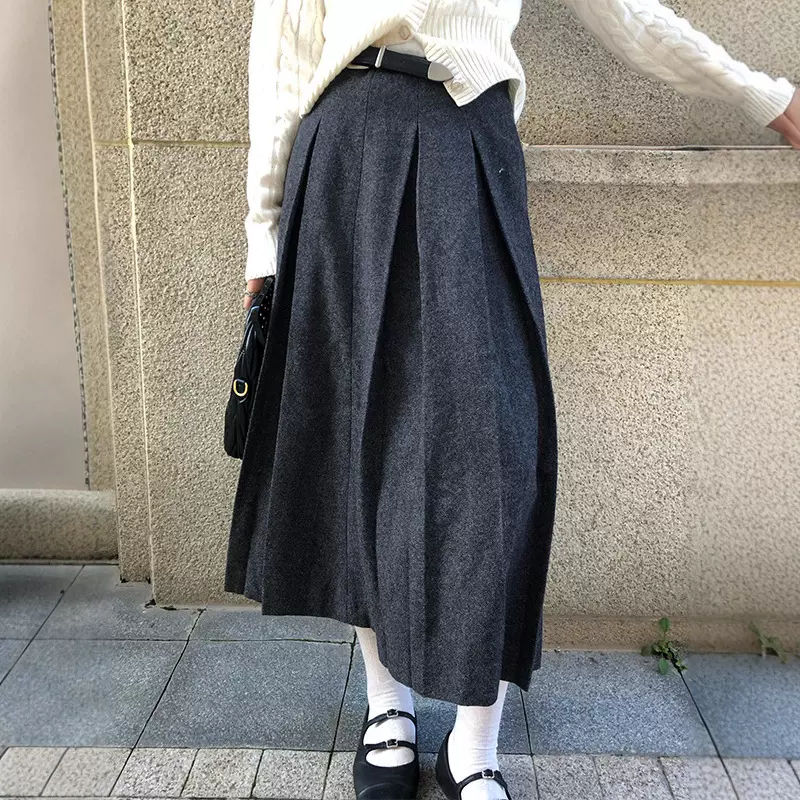 羊毛混纺腰带灰色百褶裙女2025秋冬新款高腰休闲宽松通勤半身长裙