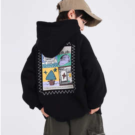 男童加绒卫衣连帽冬款潮牌中大童加厚保暖上衣儿童大男孩冬装童装