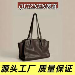 Qiu Zhen 植物タンニンなめし (胎児牛革) インゴットボウリングバッグレトロ大容量脇の下ショルダークロスボディ通勤バッグ女性用