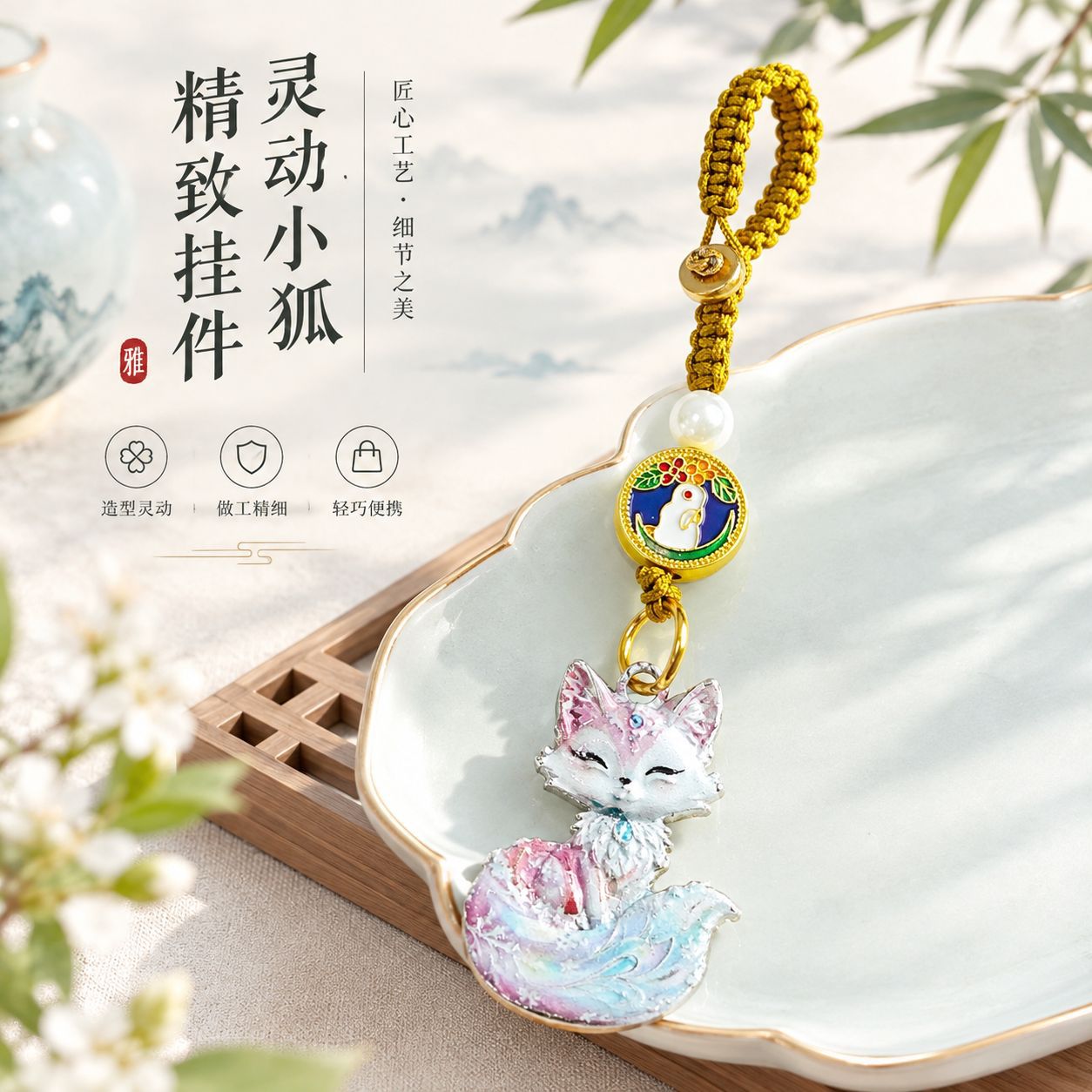 国风玉兔抱桃珐琅彩手机挂绳新中式手工编织绳钥匙扣包包挂饰配件