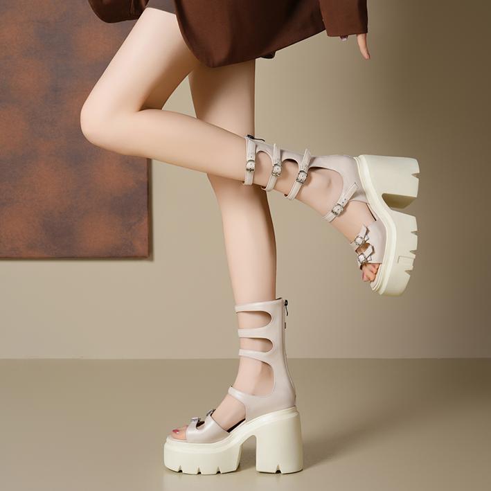 Boot sandal nữ cổ thấp đế dày gót 12 cm khóa thắt lưng — Màu đen