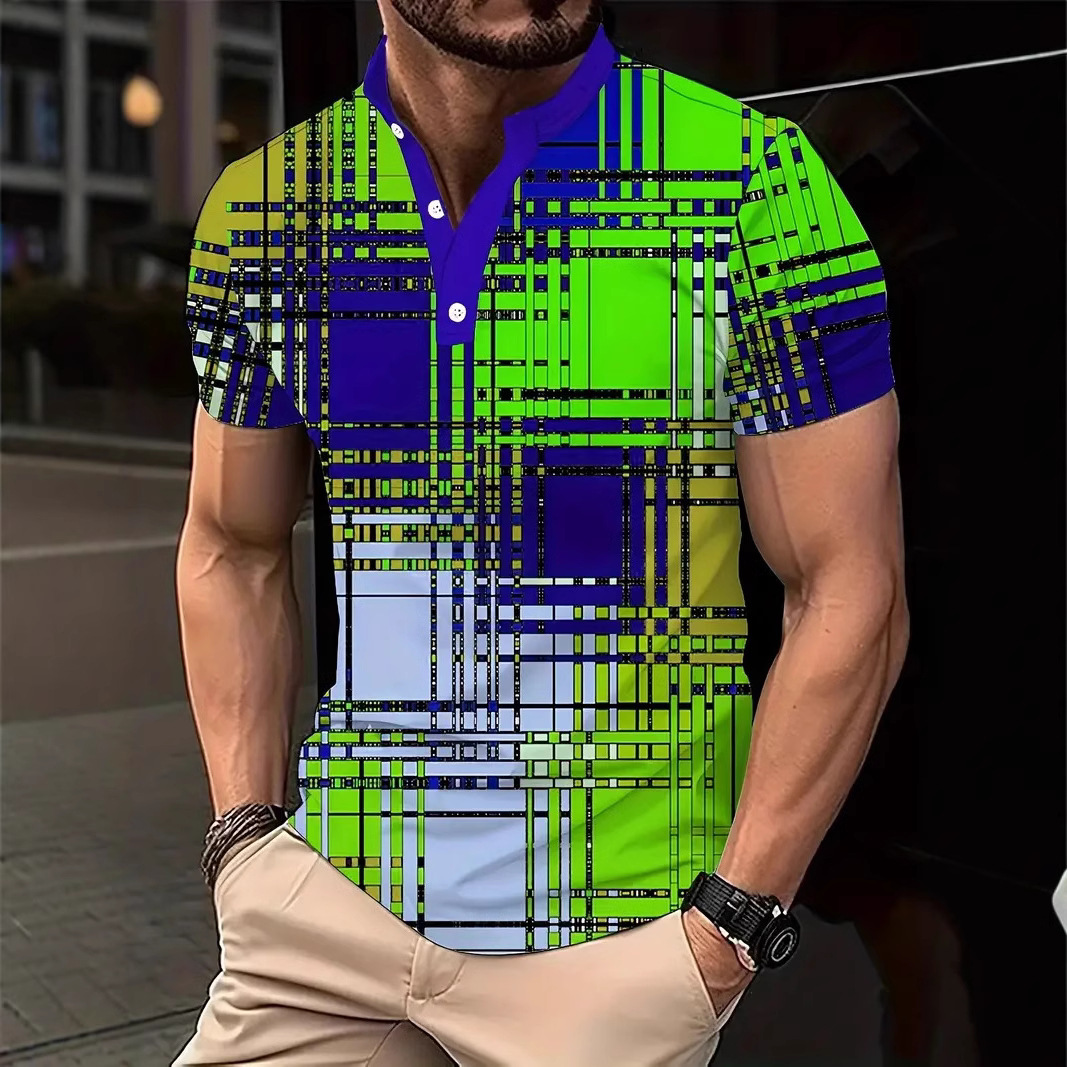 Nuevo estilo transfronterizo de verano 3d geométrico cubo estampado cuello alto botón de manga corta polo playa casual ME13