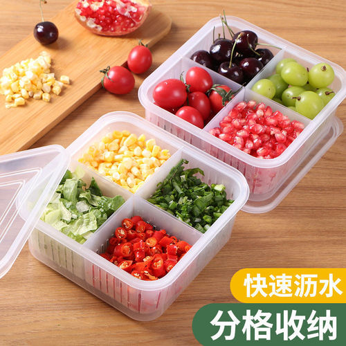 Thickened Kitchen Refrigerator Preserving Box with Lid, Divided Large Capacity Scallion, Ginger, and Garlic Preserving Box, Fruit Drainage Storage Box