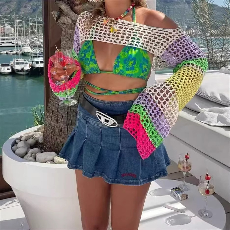 European and American 2026 Autumn New Women's Hand-Knitted Sweater, Casual Ultra-Short Style with Flared Sleeves, Sexy Mesh Cover-Up Top, Trendy European and American 2026 Autumn New Women's Hand-Knitted Sweater, Casual Ultra-Short Style with Flared Sleeves, Sexy Mesh Cover-Up Top, Trendy