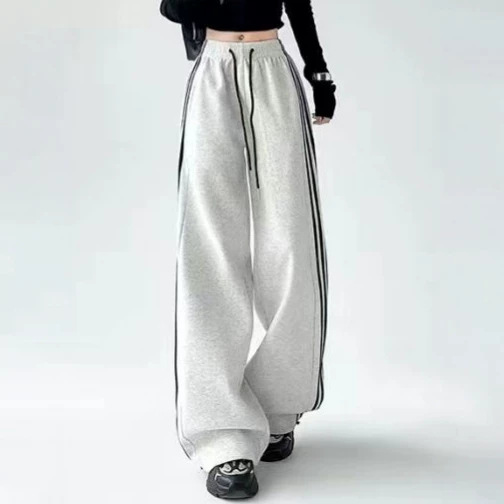 美式运动长裤韩版女装秋季新款高腰休闲直筒阔腿裤小个子条纹卫裤
