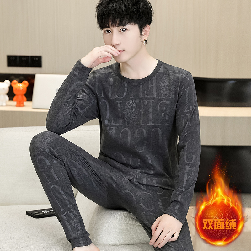 겨울 열 속옷 세트 남성 양털 뜨거운 가을 옷과 바지 청소년 양면 양면 양털 스웨터 바지 기본 셔츠