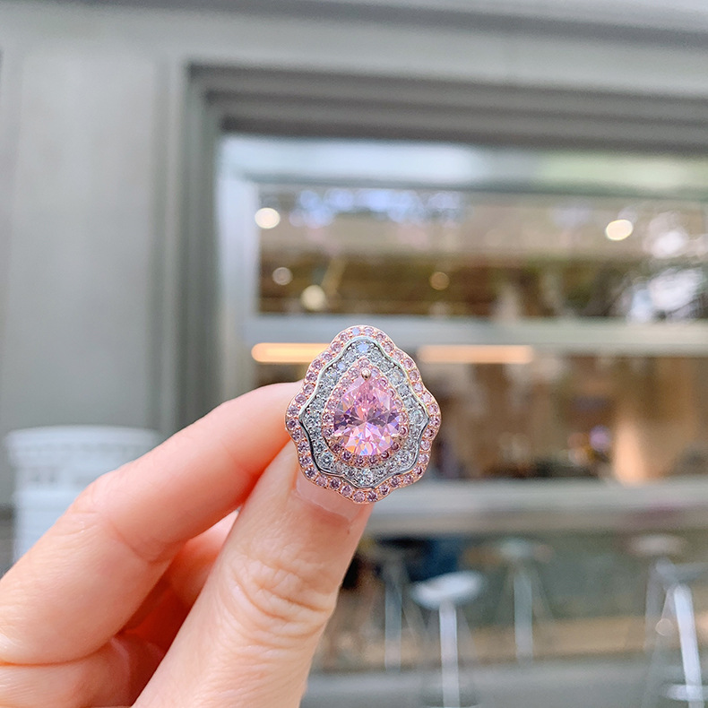 New Pink Diamond with Micro Setting Pear shaped Ring, Colorful Jewelry, Exaggerated Zircon Ring for Women_voghion.com