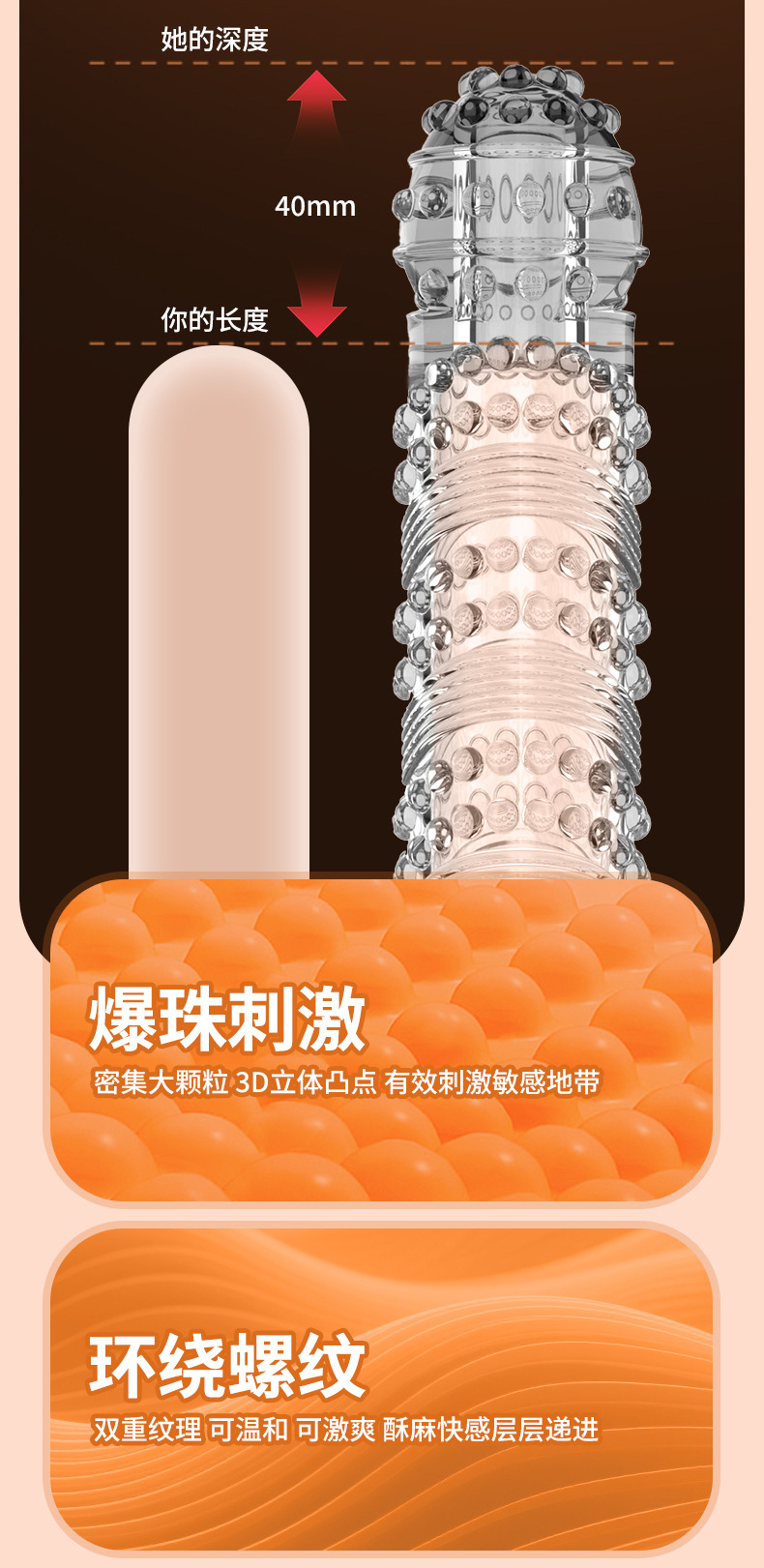 Wolf Tooth Textured Delay Condom with Large Spikes, TPE Vibrating Sleeve for Men — detail image 3