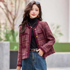 圣诞红格子小香风外套女2025新款秋法式赫本风气质名媛上衣