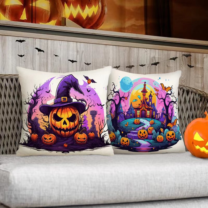 Transfronterizo Amazon Halloween impresión lino almohada cubierta bruja calabaza decoración doméstica almohada cubierta