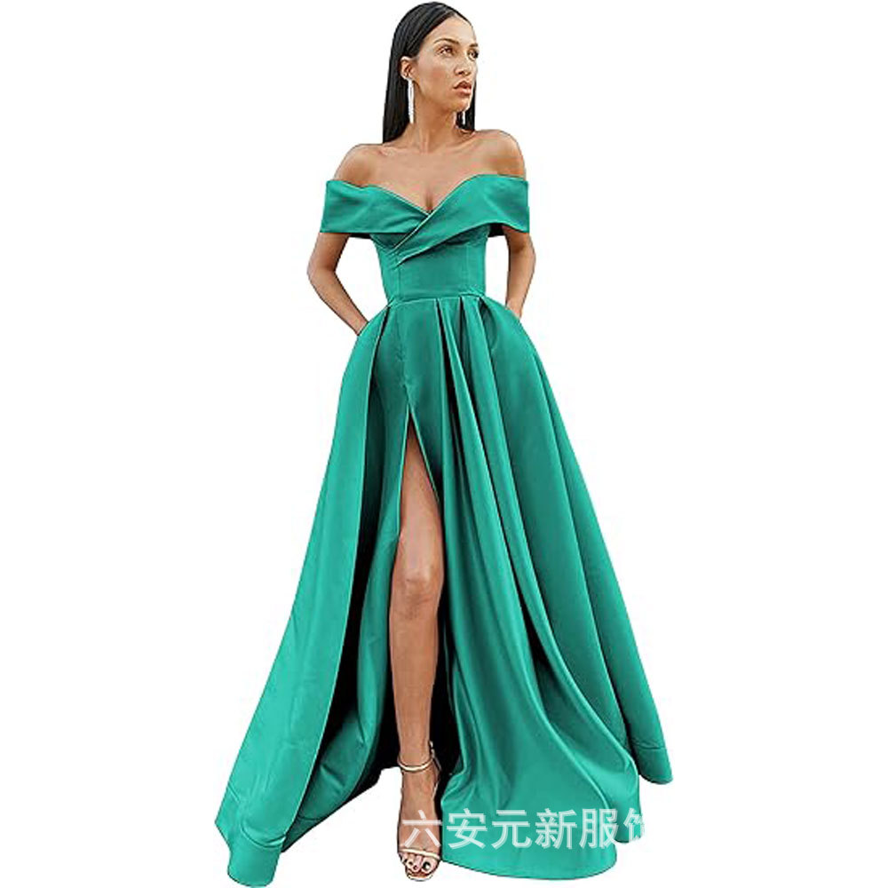 Amazon Comercio exterior fuera del hombro prom vestido de noche largo split sexy Fiesta de las mujeres vestido de banquete