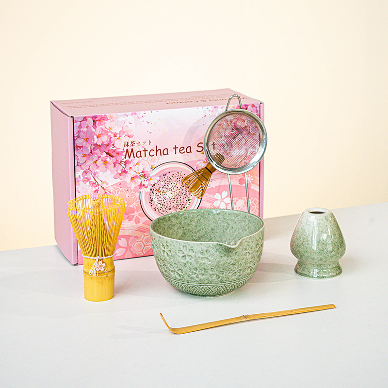 日本製抹茶茶器セット 桜ボウル 注ぎ口付き 8点セット フルセット カラーボックス ピンク付き|undefined