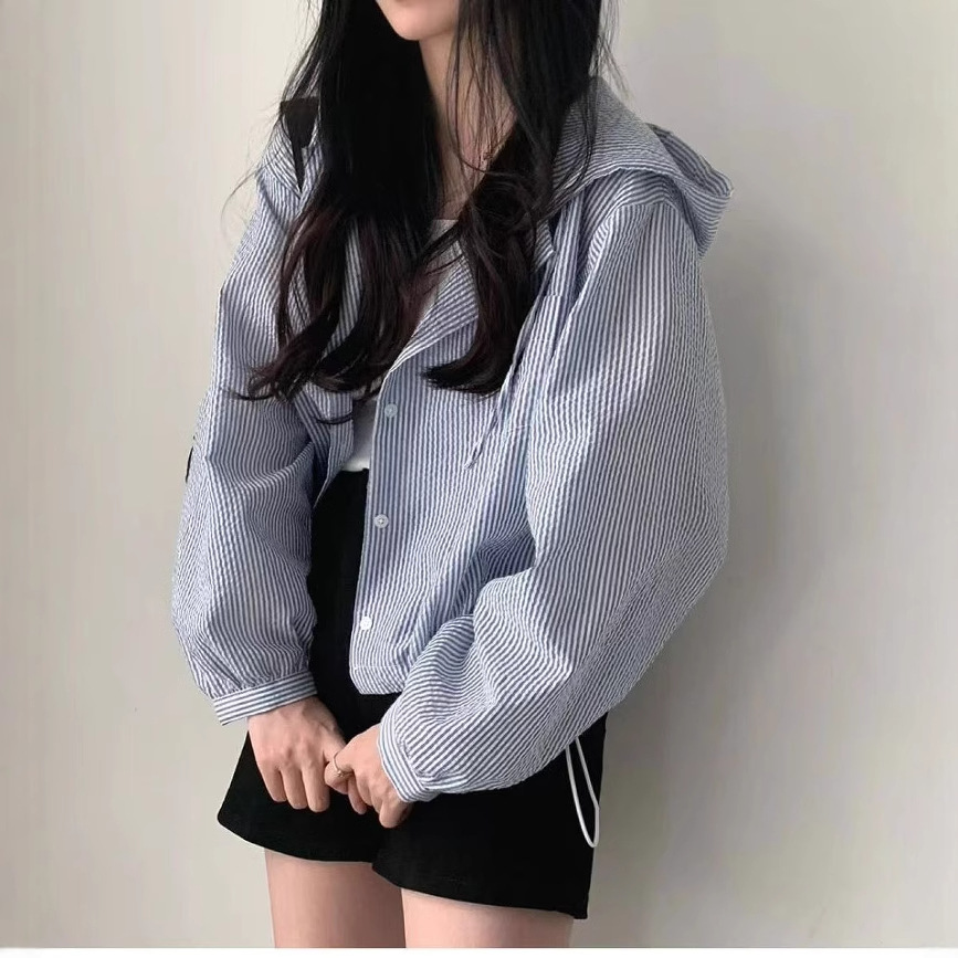 한국 세련된 이른 봄 유행 우아한 수직 줄무늬 대조 컬러 후드 버클 느슨한 캐주얼 올 매치 쇼트 코트