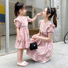 Mother and daughter Parenting Dress 2022 Summer wear new pattern Western style Korean Edition Little Girl Chiffon Broken flowers princess skirt