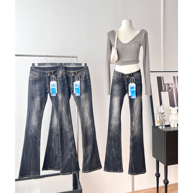 Iamxiaa Cotton-Feel Bamboo Texture Retro Heavy-Duty Gradient Washed Lightning Pattern Stretchy Bootcut Jeans