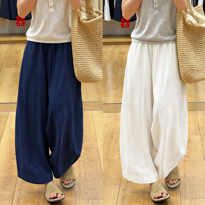 Lyocell Tencel Linen Pants for Women, Summer Thin Style, Plus Size, Loose Fit, Drapey, Cropped Cotton-Linen Wide-Leg Pants