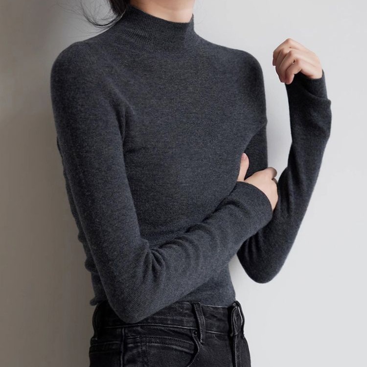 气质半高领针织打底衫女秋冬新款百搭显瘦长袖修身毛衣洋100