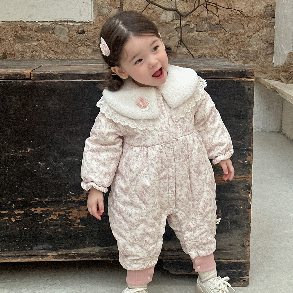 Otoño e invierno lindo y dulce bebé bebé bebé bebé cuello de bebé mamut chaqueta acolchada de algodón pequeña niña floral mono acolchado ropa exterior