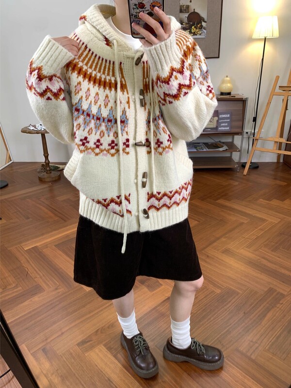 费尔岛复古牛角扣南瓜色连帽毛衣外套女秋冬2025新款宽松慵懒开衫|undefined