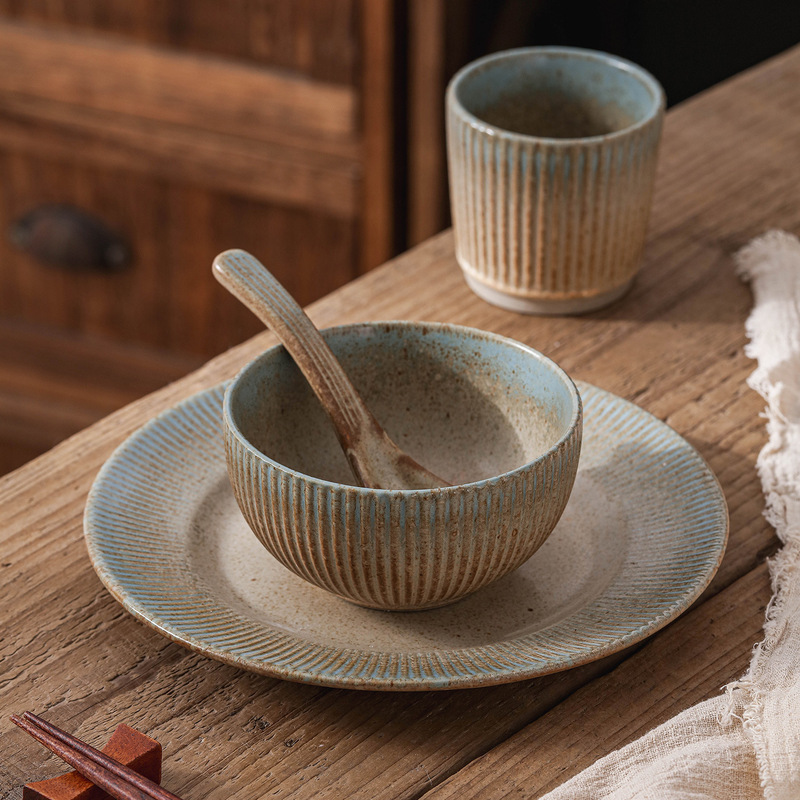 Japanese-Style Vintage Ceramic Tableware Set Kiln-Fired Plain Mud Blue Dish Plate Shallow Plate Rice Soup Bowl Spoon Cup for One Person Japanese-Style Vintage Ceramic Tableware Set Kiln-Fired Plain Mud Blue Dish Plate Shallow Plate Rice Soup Bowl Spoon Cup for One Person