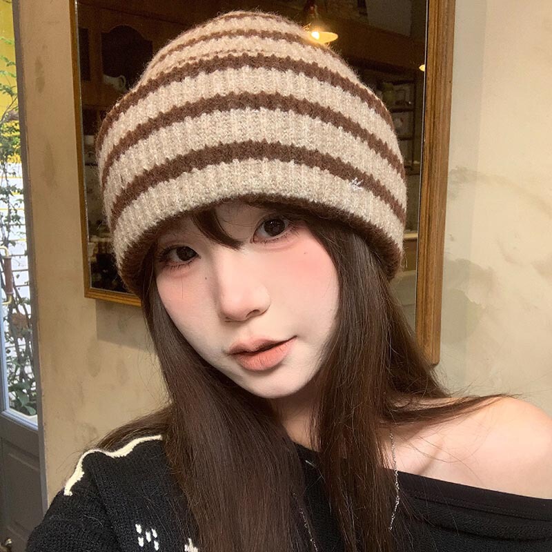 复古撞色条纹针织毛线帽子女冬季加厚保暖护耳时尚街头大头围冷帽|undefined