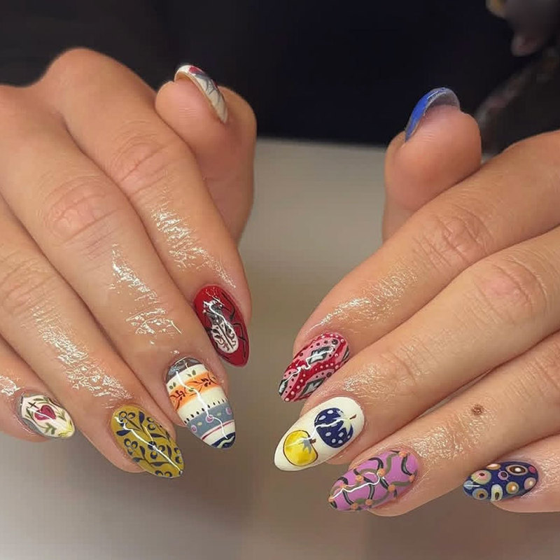 Bohemian Style Hand-Painted Fruit-Themed Long Almond-Shaped Retro Color-Blocking Nail Art Fake Nails Wholesale