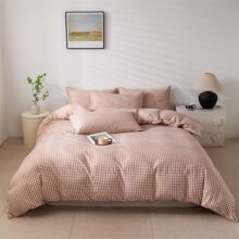 外贸跨境格子水洗棉三件套 床上用品亚马逊被套枕套 工厂供货批发