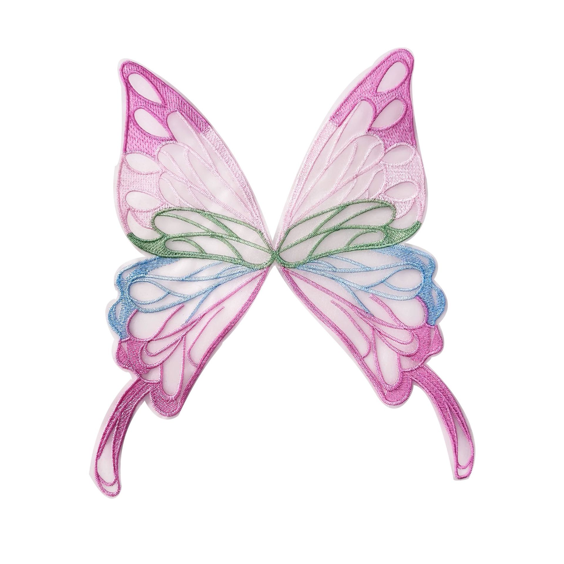 En stock, bordado de organza, colorida mariposa de perlas tridimensional, horquilla no adhesiva, accesorio para el cabello para ropa infantil, decoración de parches de tela