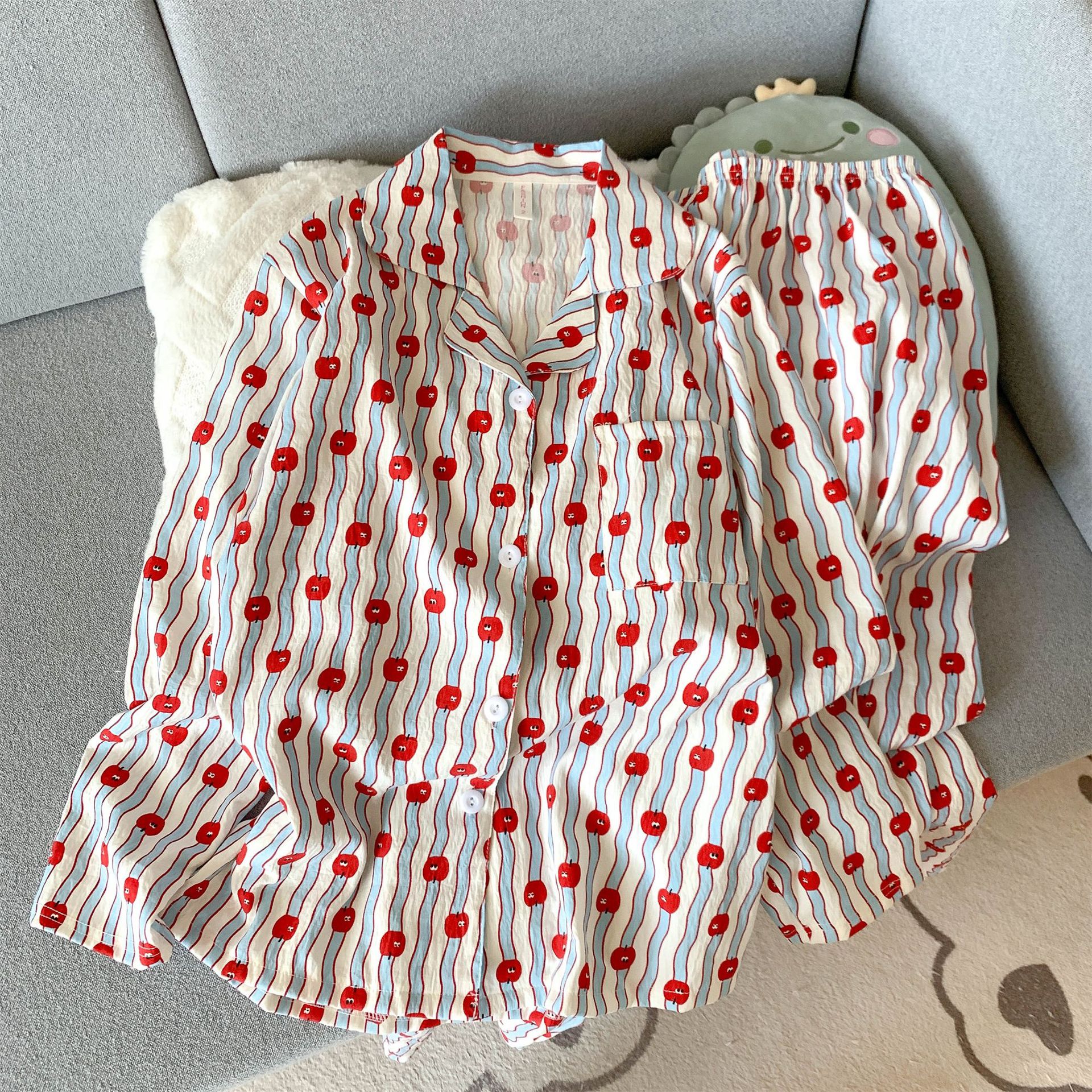 Pequeño libro rojo recomienda la explosión de nubes de algodón pijama de mujer rayas manzana primavera y otoño manga larga lindo dibujo animado conjunto de ropa para el hogar