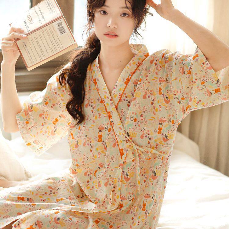 ins睡袍女夏款100棉性感长款甜美日系夏季薄款浴衣袍短袖款家居服