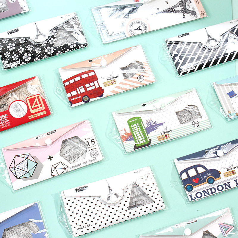 Creative stationery student set ruler multi-function ruler set four-piece plastic 20cm ruler set triangle ruler protractor set