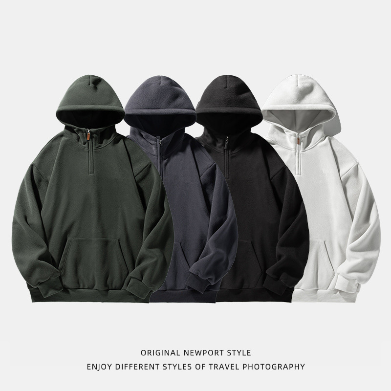 430g Fleece Hooded Sweatshirt for Men, New Spring Half-Zip American Retro Thick Hoodie Trendy Brand Jacket Q