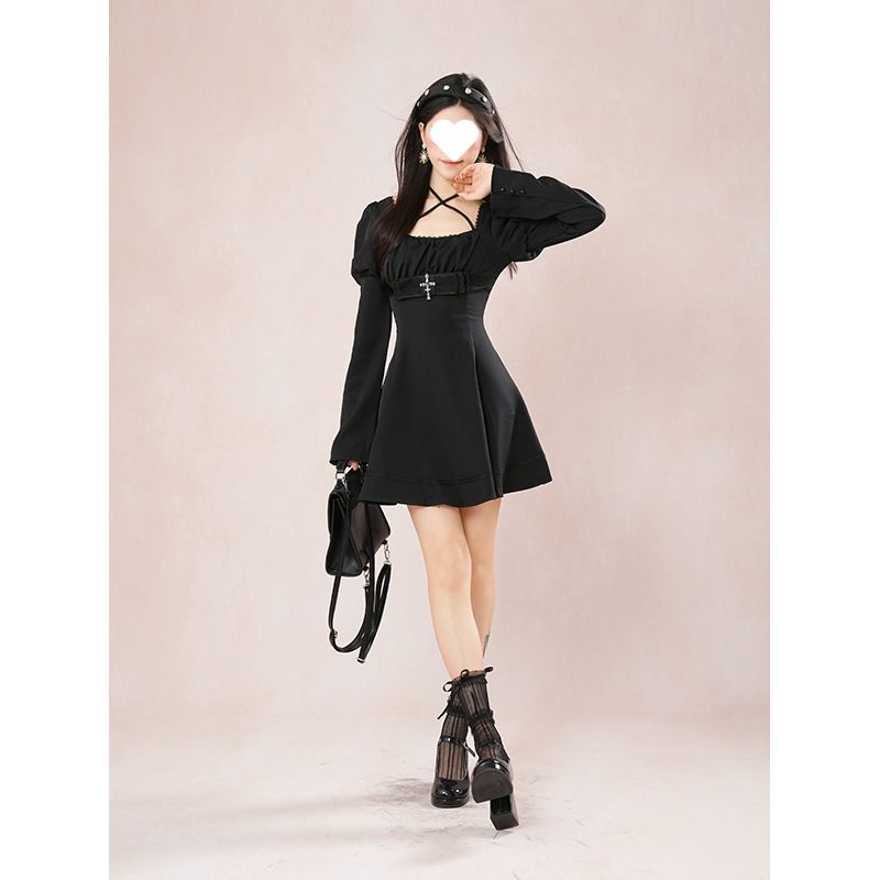 Cross Night Banquet Autumn New Gothic Style Black Lace Puff Long Sleeve Lace-Up Waist Design Dress