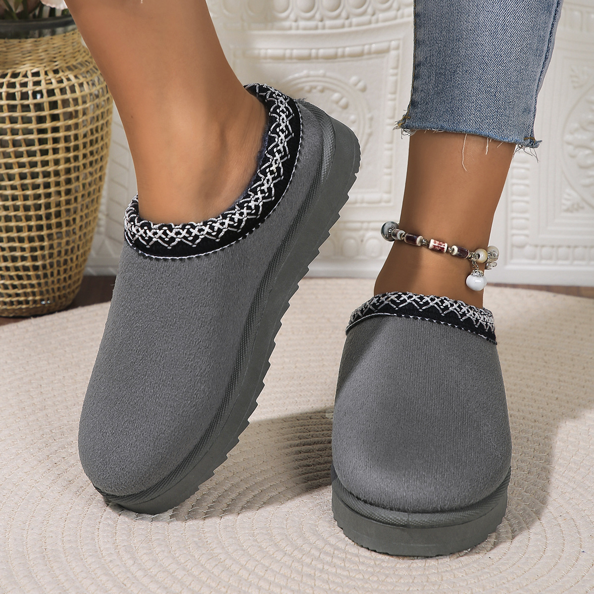 Lace ethnic fashion snow boots women's shoes semi-drag cotton shoes autumn and winter indoor outdoor_viptrois.com