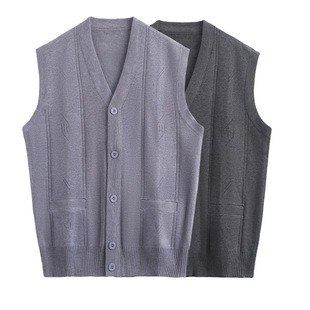 Middle-aged and Elderly Men's Knitwear Cardigan Vest Solid Color V-neck Dad's Casual Spring and Autumn Vest Waistcoat Sweater