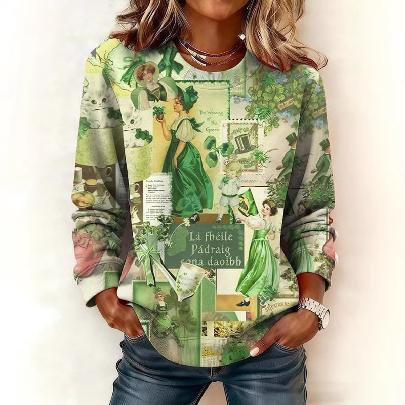 2026 New Cross-Border 3D Digital Printing St. Patrick's Day Clover Sports Casual Women's Round Neck Sweatshirt