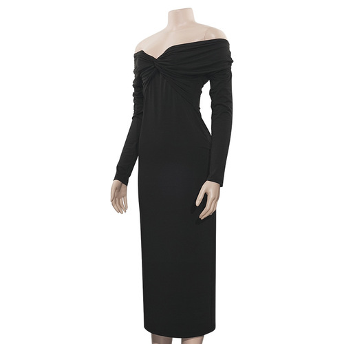 A658DS European and American Autumn Solid-Color V-Neck Sexy Slim-Fit Long-Sleeve High-Waist Bodycon Dress