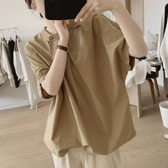 Korean New Irregular Pleated Shirt Women's Summer Slim-fit Round Neck Simple Niche Design Short-sleeved Cotton Top