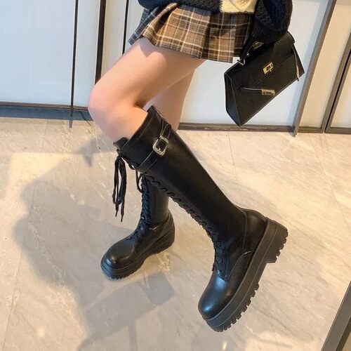 Boots, long boots, women's summer boots, new autumn white thick-soled boots, thick-leg lace-up high-top Martin boots