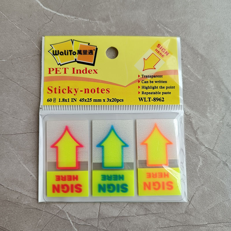 Pegatinas adhesivas transparentes en forma de flecha para clasificación y señalización.