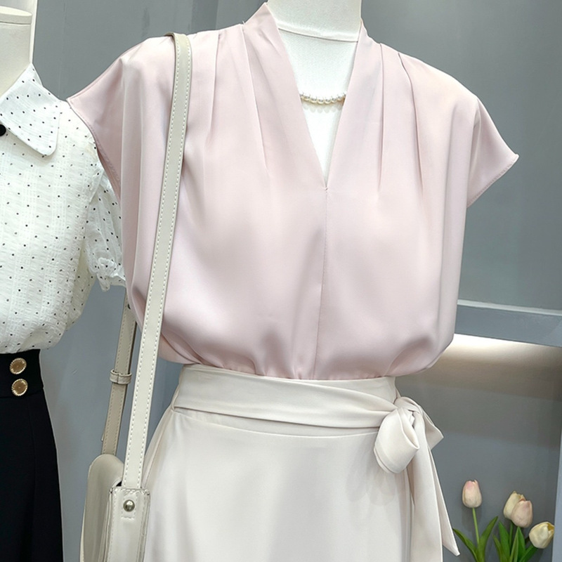High-End Satin Acetate Shirt for Women with Niche V Neck Pure Color French Small Flying Sleeves Summer Top for Women